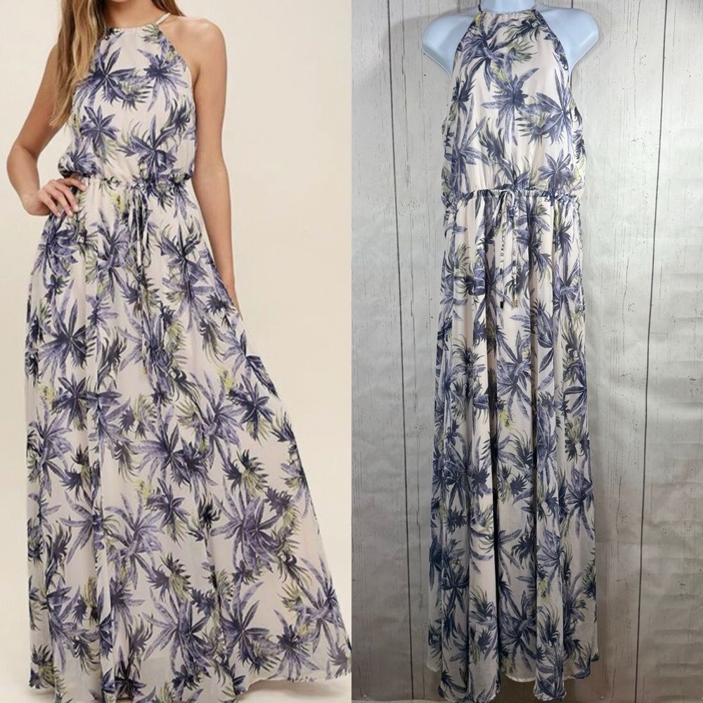 Lulus Maxi Dress Tropical Palm Size XL Halter Neck Cream Blue Leaf Print Flowy
